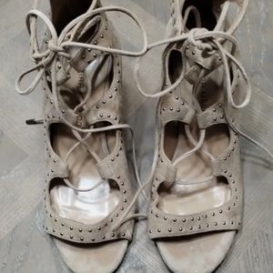 Tamara Mellon Womens Studed Embellished Leather Lace Up Tan Wedge Size 37.5
